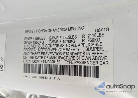 2018 Honda Accord Lx из США, поврежденный, VIN 1HGCV1F14JA209159